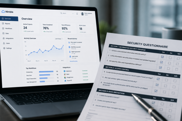 A laptop showing a SaaS product dashboard next to a partially completed security compliance questionnaire on paper.